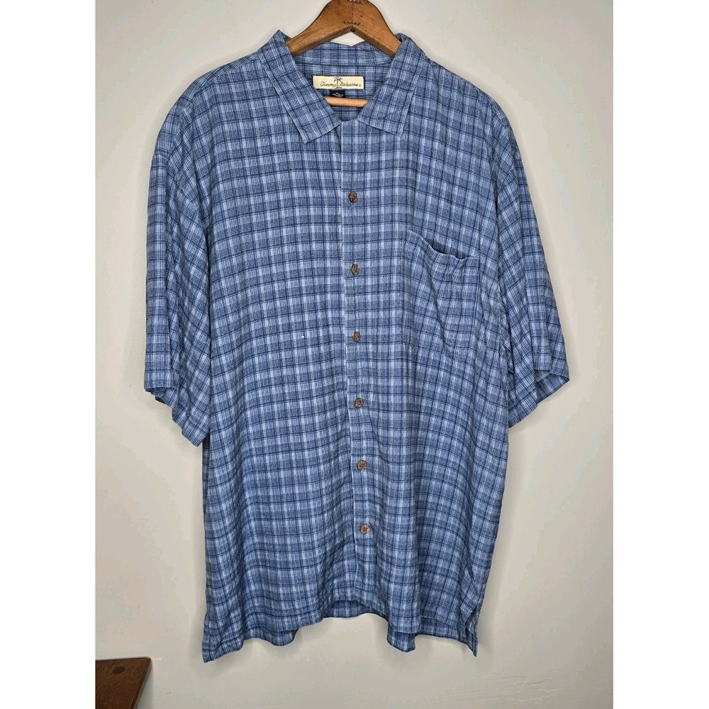 Tommy Bahama Mens Blue 100% Silk Geometric Short Sleeve Button Down Shirt XLarge